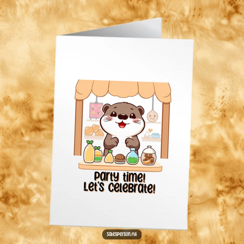 Funny Free Printable Birthday Card: A cheerful otter enthusiastically gestures towards a delightful display of enticing birthday presents.