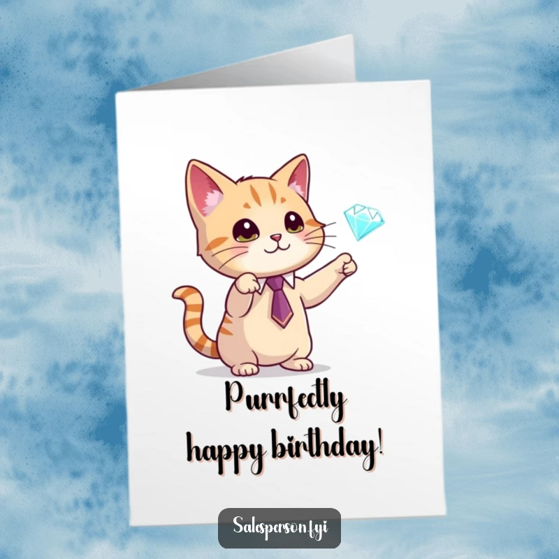 Funny Free Printable Birthday Card: A cat in a tie points to a diamond, symbolizing a sparkling birthday gift, printable and downloadable.