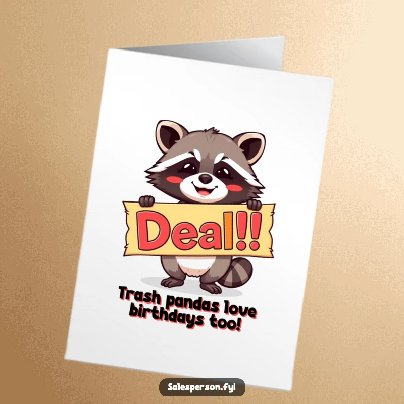 Funny free printable birthday card: A beaming raccoon joyfully holds a large colorful banner that clearly reads 'Deal!'.