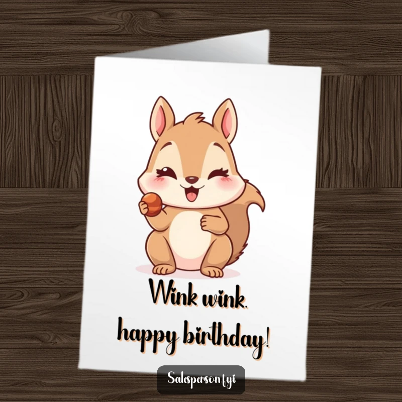 Funny Free Printable Birthday Card: A delighted squirrel winks while offering a tiny, tempting treat.
