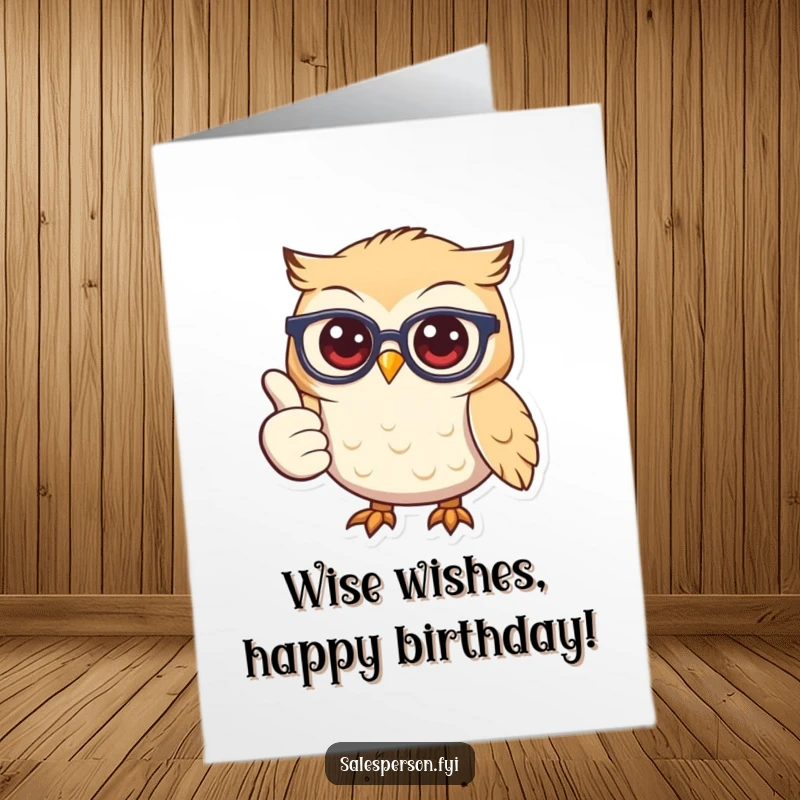 Funny Free Printable birthday card: a smiling owl wearing glasses gives a big thumbs up, exuding wisdom and joy.