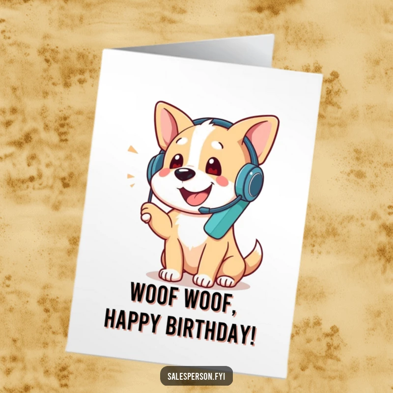 Funny Free Printable Birthday Card: A dog wearing a headset excitedly talks on a phone, wishing happy birthday, printable and downloadable.