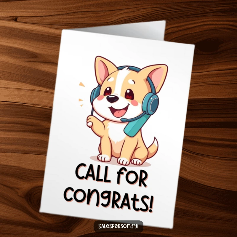 Funny Free Printable Congratulations Card: A dog with a headset is on the phone, enthusiastically sharing good news, downloadable and printable.