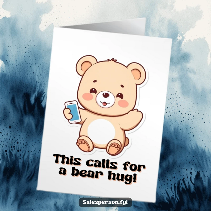 Funny Free Printable Congratulations Card featuring a small bear happily presenting a shiny gadget.