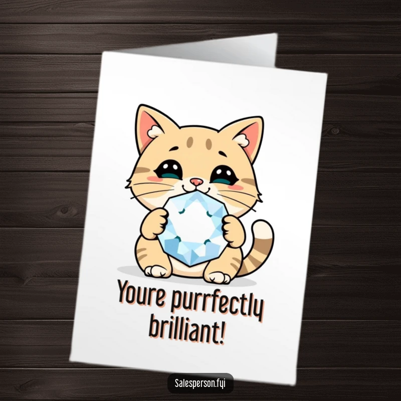 Funny Free Printable Congrats Card: Cheerful cat holds a giant sparkly gem with a confident smile.