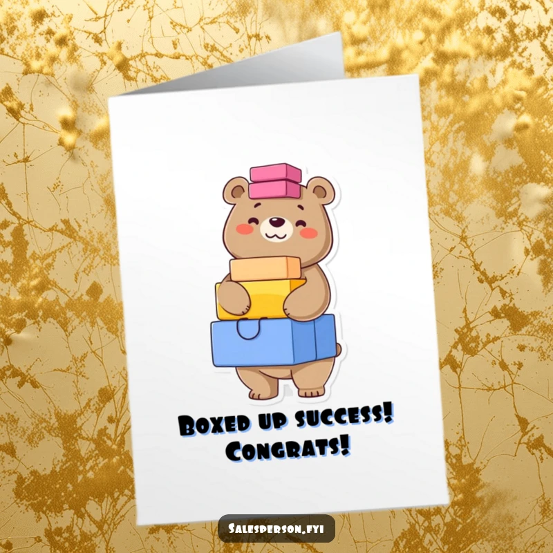 Funny Free Printable Congratulations Card: A confident bear grins while balancing a precarious stack of colorful gift boxes.