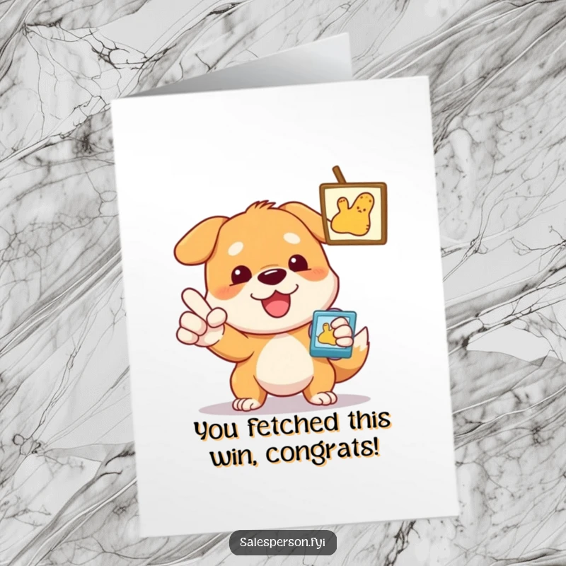 Funny Free Printable Congratulations Card: Dog enthusiastically pointing at an item, signifying a job well done.