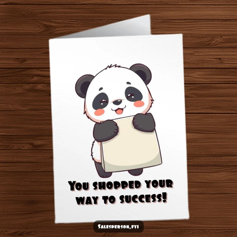 Funny Free Printable Congratulations Card: Panda enthusiastically holding a huge shopping bag, symbolizing a successful haul.