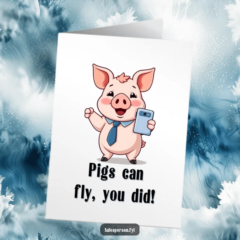 Funny free printable congrats card: A pig in a tie proudly presents a shiny, new gadget.