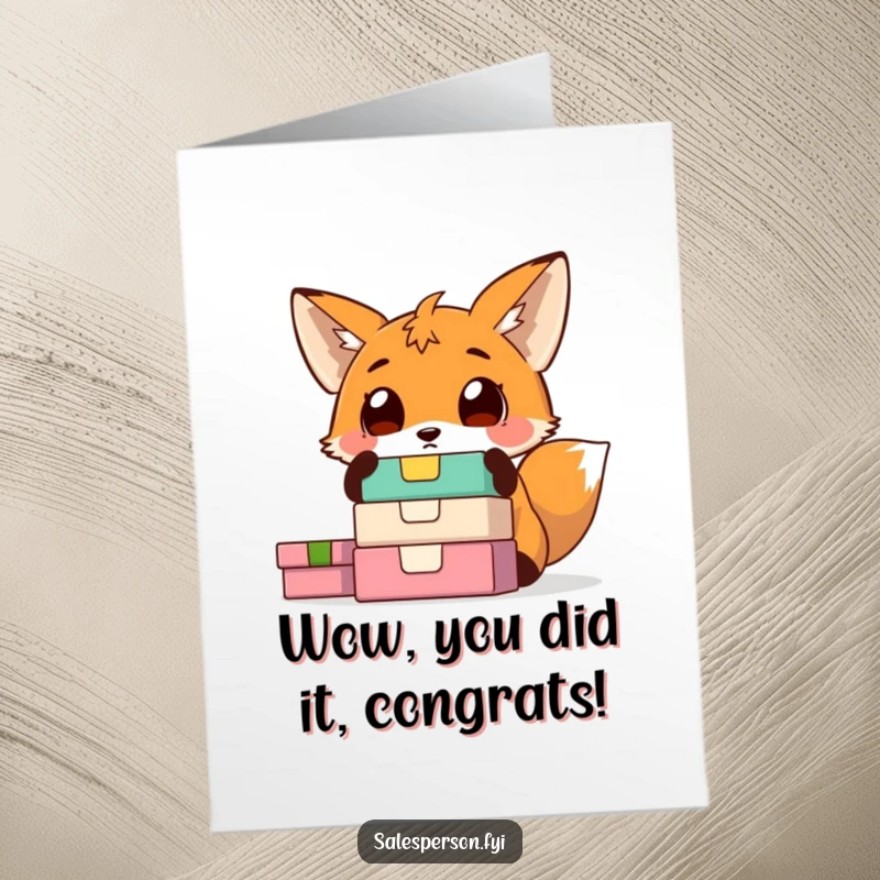 Funny Free Printable Congratulations Card: A fox looking astonished at a pile of colorful boxes, symbolizing unexpected success.