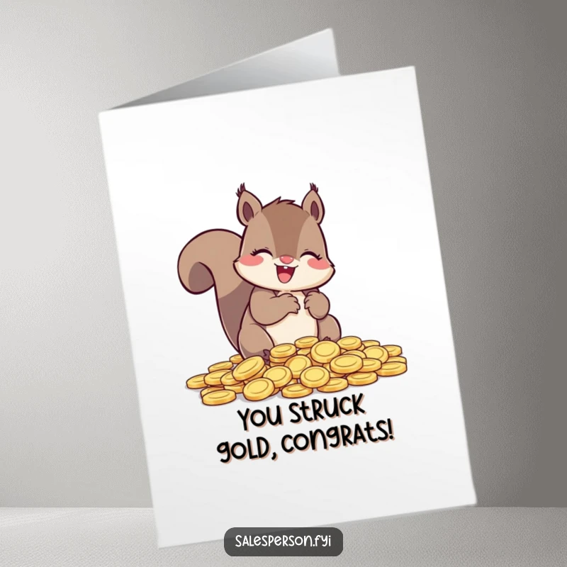 Funny Free Printable Congratulations Card: Squirrel gleefully counting a stack of shiny coins, celebrating prosperity.