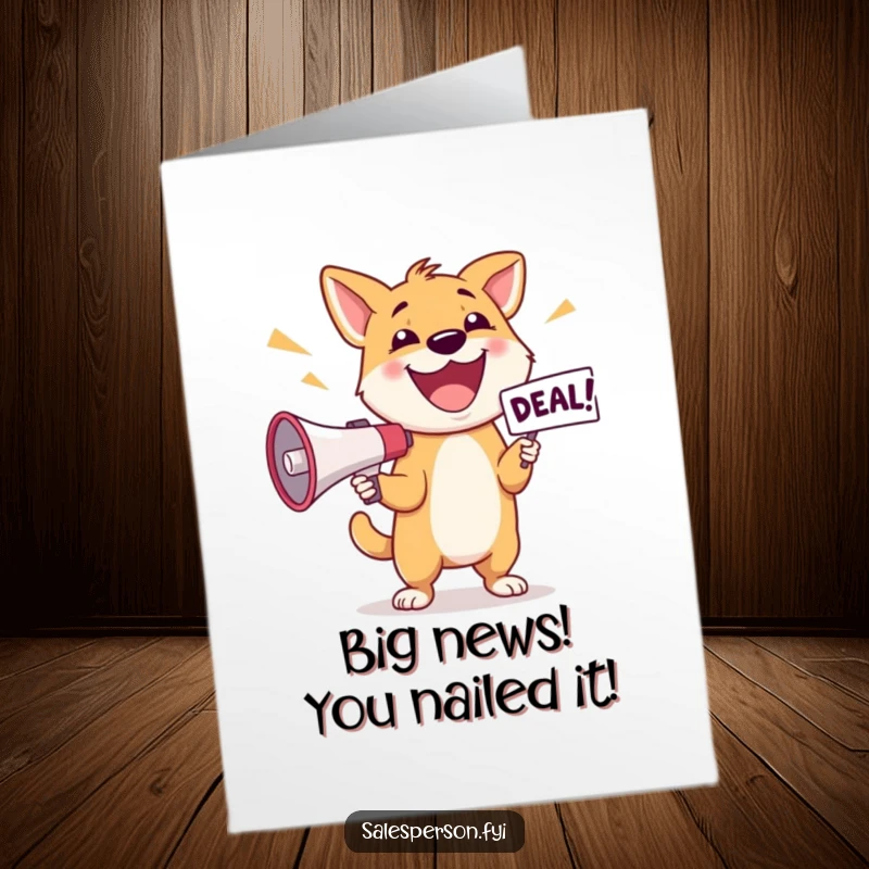 Funny Free Printable Congratulations Card with a happy dog holding a megaphone, proclaiming great news, a vocal printable.