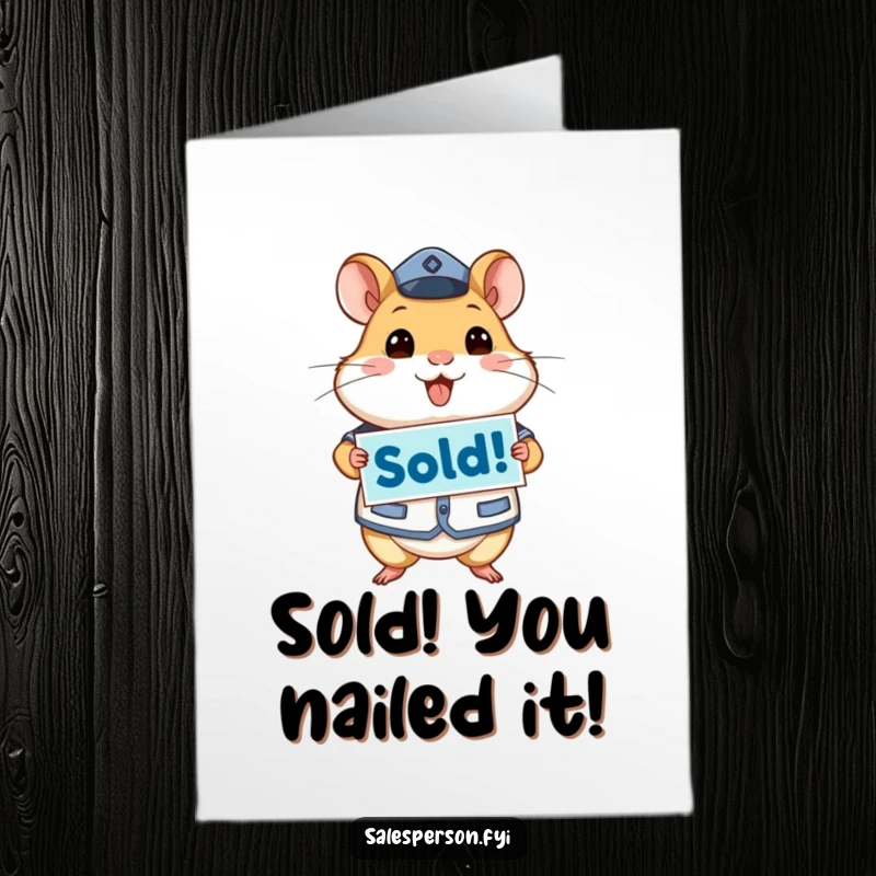 Funny free printable congratulations card: An energetic hamster in uniform waves a 'Sold!' sign, celebrating a successful deal.