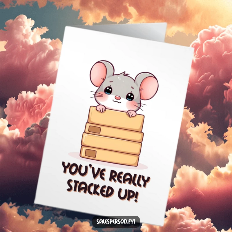 Funny Free Printable Congratulations Card: A curious mouse peeking from behind boxes, symbolizing hidden potential and fun.