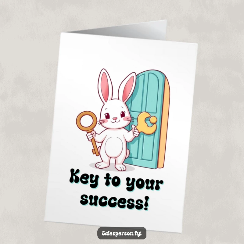 Funny Free Printable Congratulations Card: A rabbit with a giant key gestures to a door, signifying opening new opportunities, downloadable.
