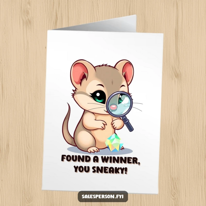 Funny free printable congratulations card: A sly weasel uses a magnifying glass to examine a dazzling, valuable gem.