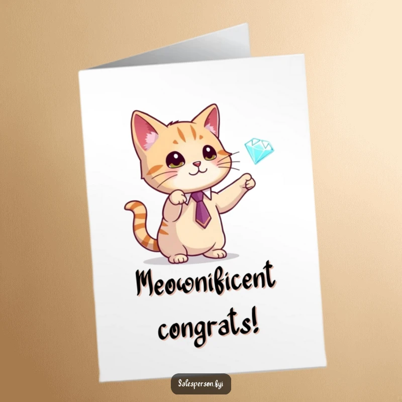 Funny Free Printable Congratulations Card: A cat in a tie gestures towards a sparkling diamond, celebrating success with elegance, downloadable.