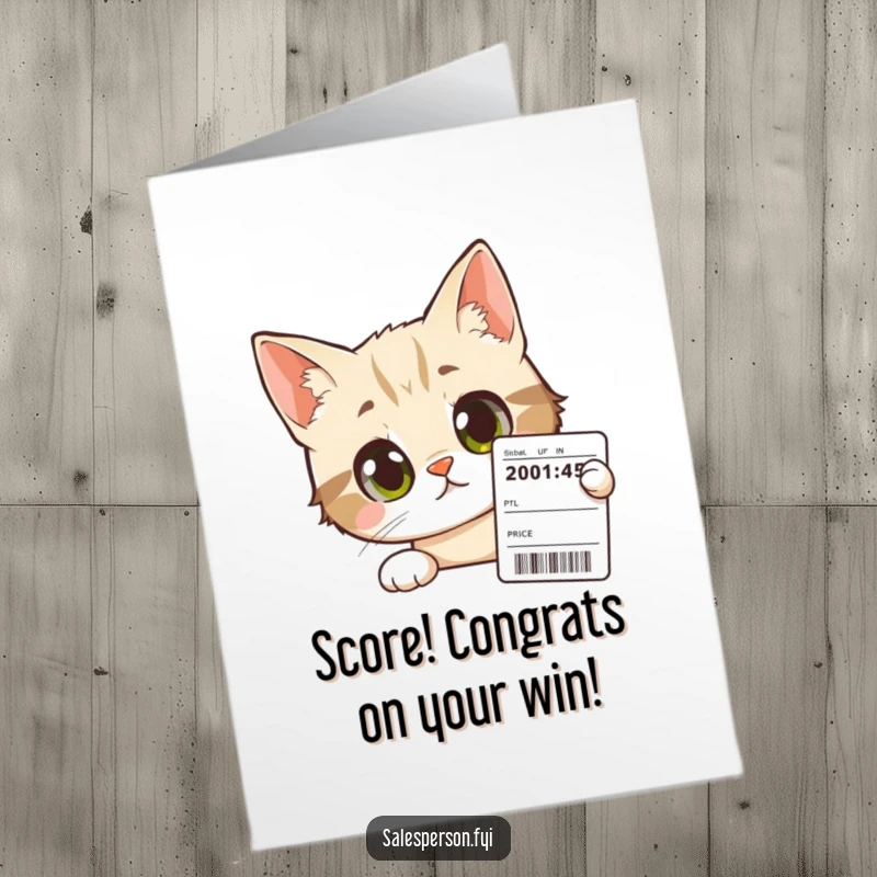 Funny Free Printable Congratulations Card: A curious cat with wide eyes examines a price tag, signifying a savvy success.