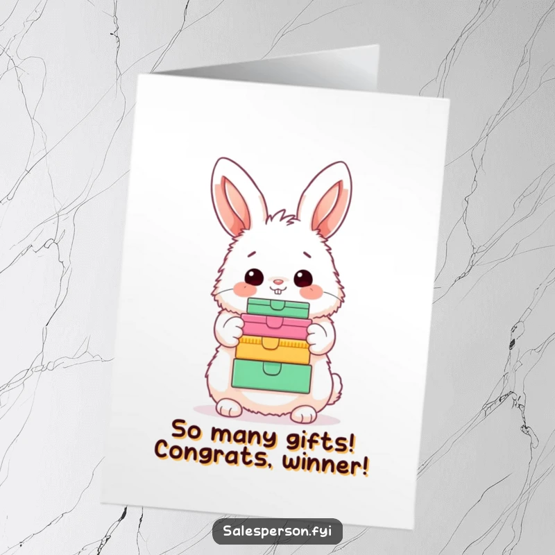 Funny Free Printable Congratulations Card: A fluffy bunny proudly displays a huge stack of colorful gift boxes with a happy nod.