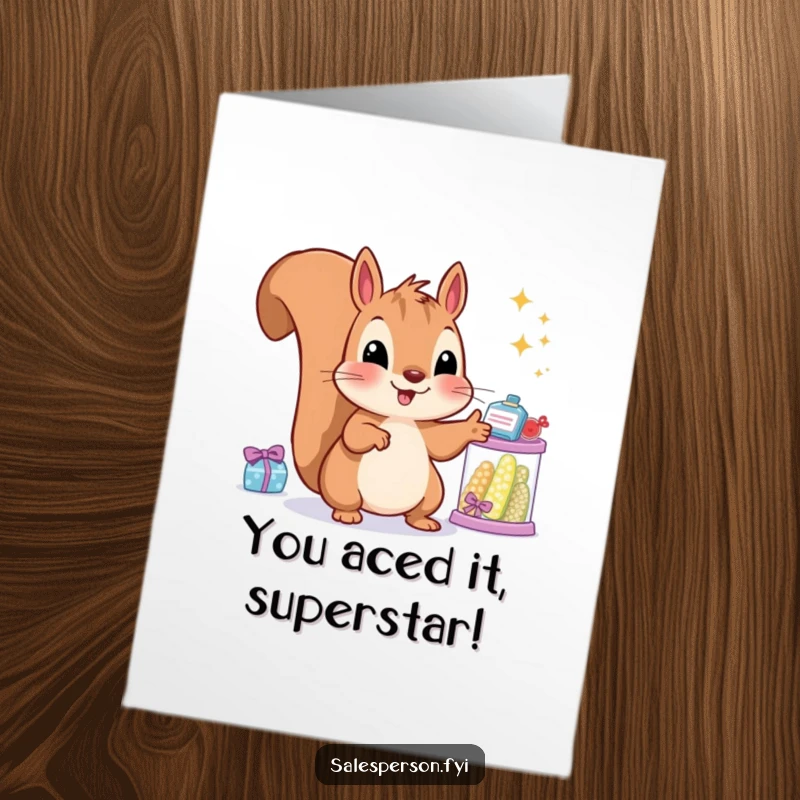 Funny free printable congratulations card: A squirrel gestures enthusiastically towards a hoard of shimmering, celebratory goods.