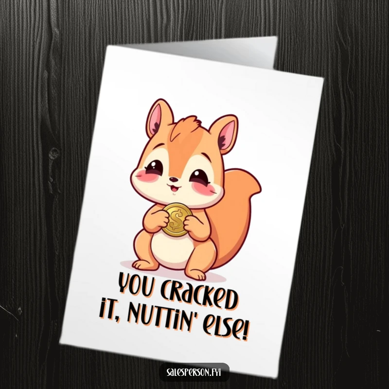 Funny free printable congratulations card: A giggling squirrel holds out a shiny coin, a humorous gesture to celebrate.