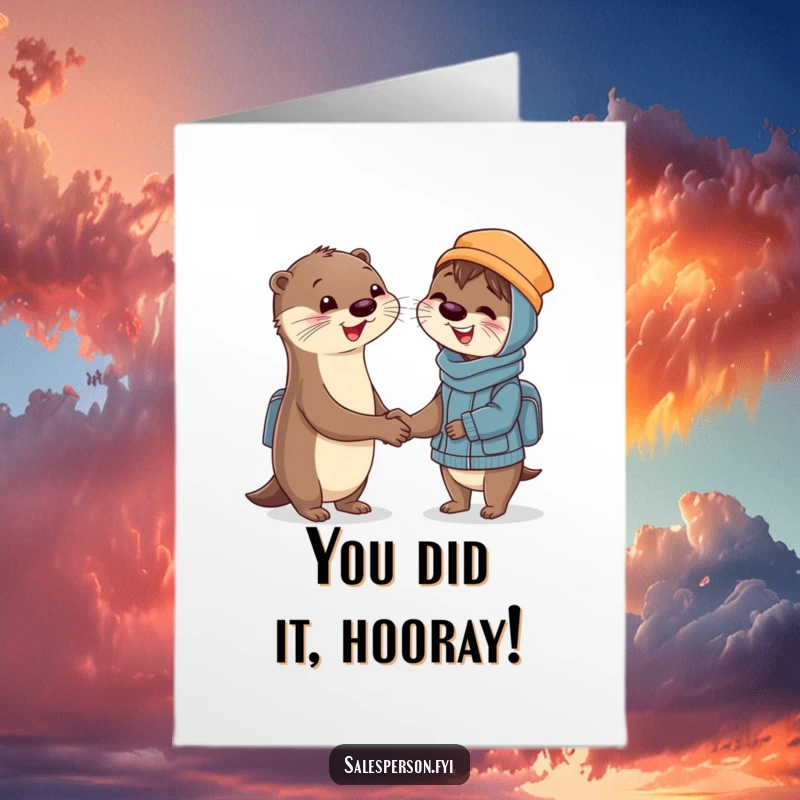 Funny Free Printable Congratulations Card: A smiling otter seals the deal with a handshake to a delighted customer. Celebrate business wins.