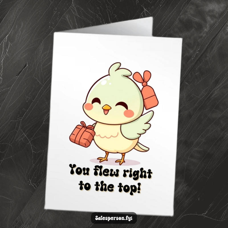 Funny Free Printable Congratulations Card: A cheerful bird character handing over a small bundle with a smile, celebrating success.