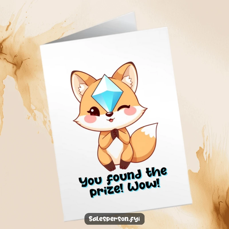 Funny Free Printable Congratulations Card: A charming fox winks confidently while holding a large, sparkling gem to celebrate an achievement.