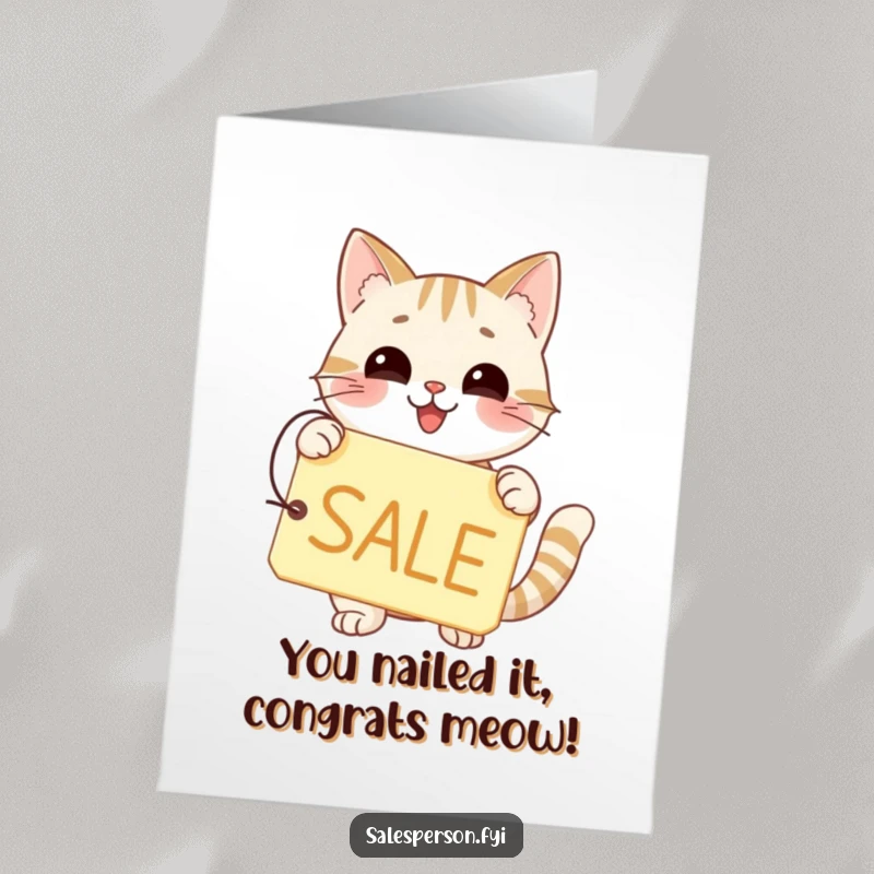 Funny Free Printable Congratulations Card: A happy cat holds a price tag, enthusiastically showing off a big SALE.
