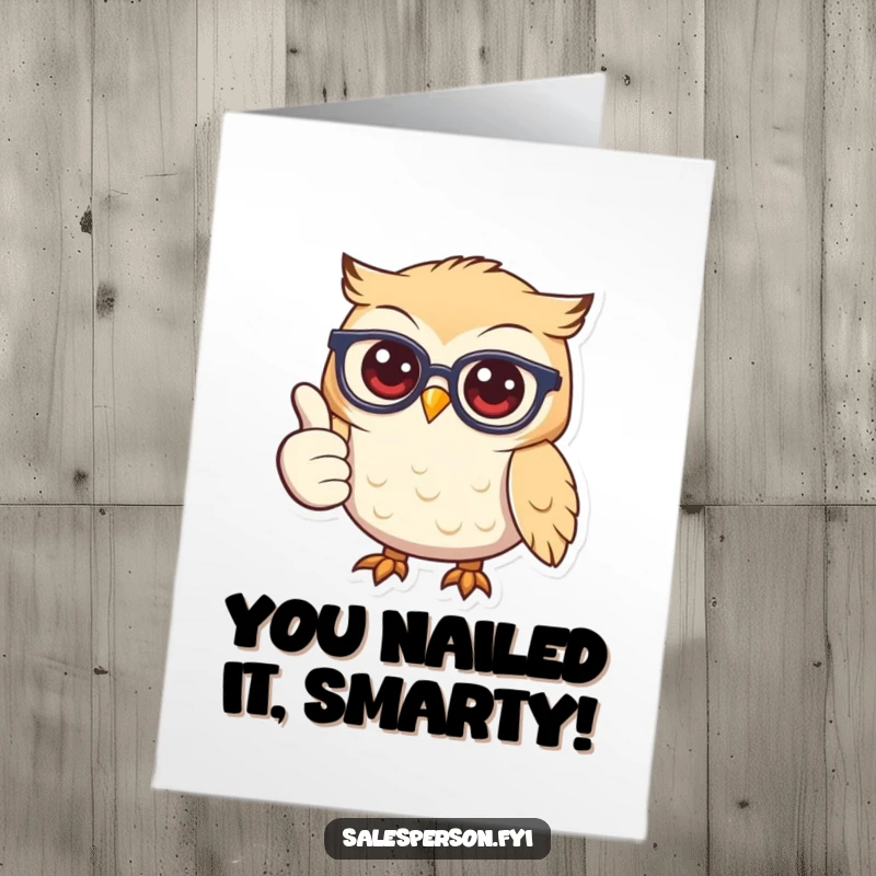 Funny Free Printable congratulations card: a smiling owl in glasses proudly displays a big thumbs up, celebrating achievement.