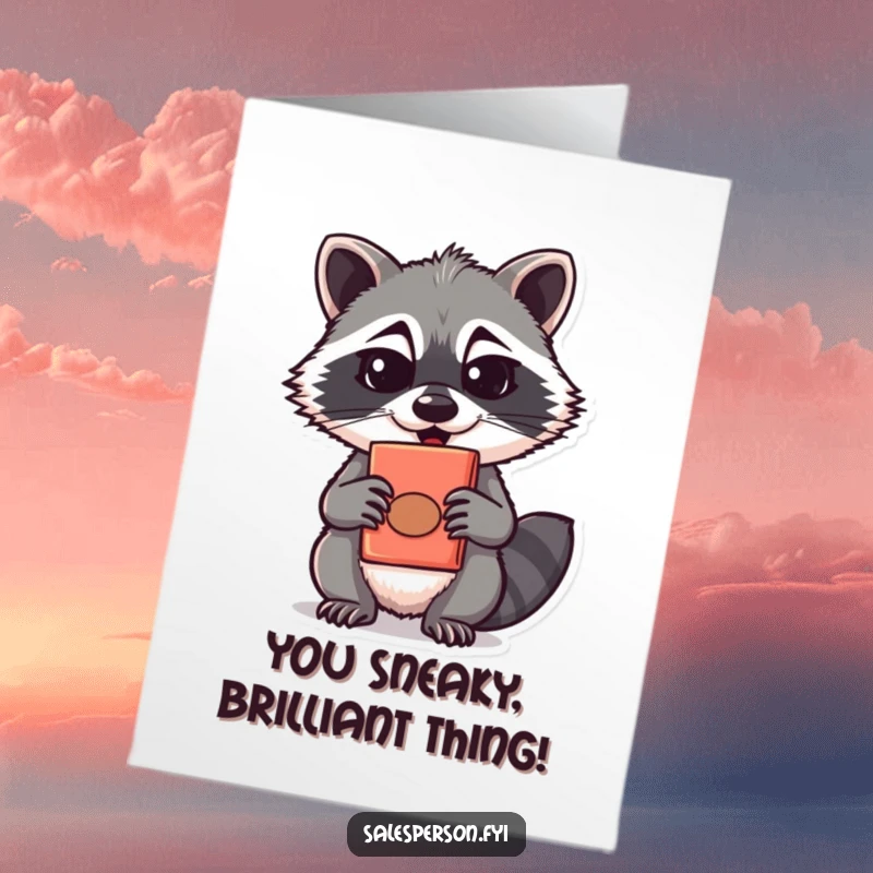 Funny Free Printable Congratulations Card: A mischievous raccoon grins slyly while presenting a uniquely disguised, odd product.