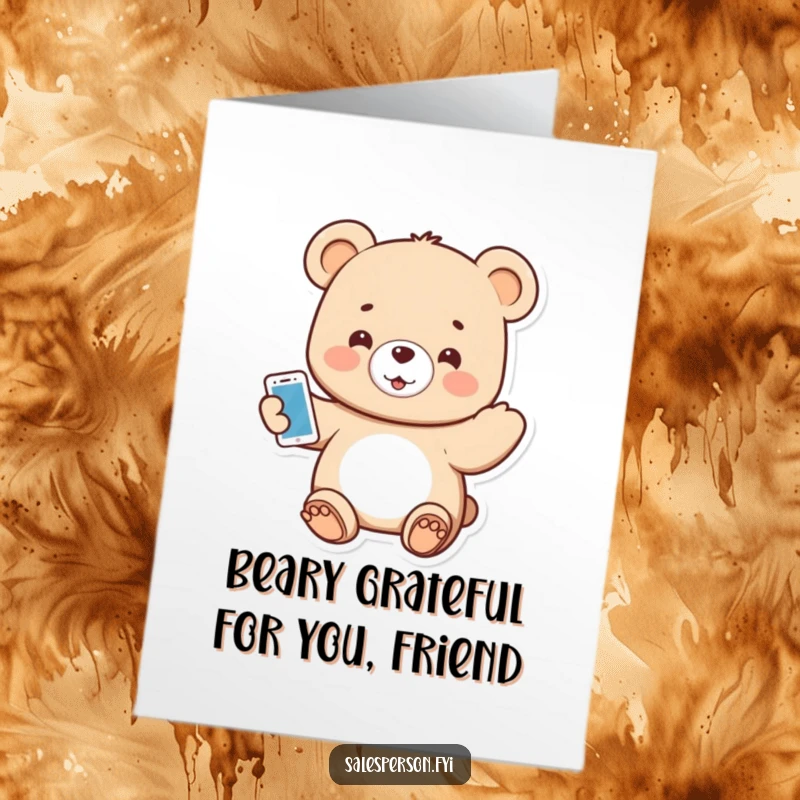 Funny Free Printable Thank You Card of a small bear smiling and enthusiastically presenting a shiny gadget.
