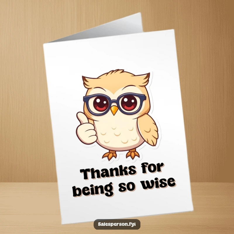 Funny Free Printable thank you card: a wise owl in glasses gives a big thumbs up with a genuine smile of thanks.