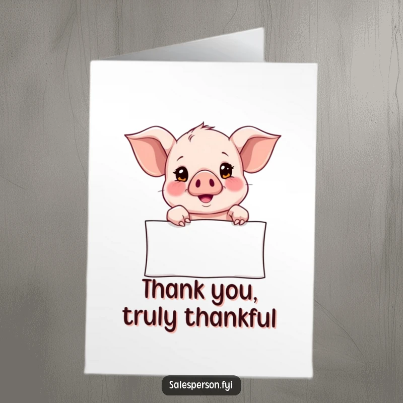 Funny Free Printable Thank You Card: A curious piglet points to a banner with a hopeful look, conveying thanks. Downloadable and sweet.