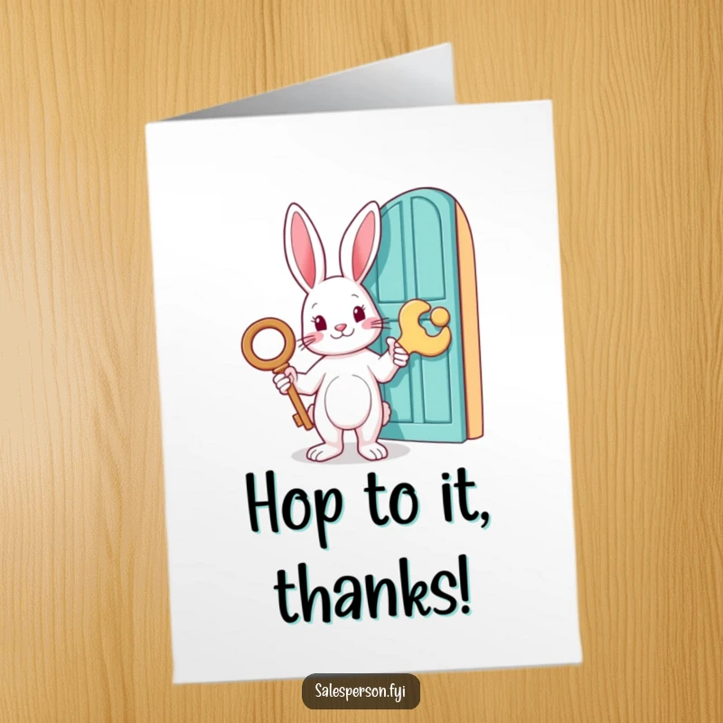 Funny Free Printable Thank You Card: A rabbit holds a huge key and points to a door, a humorous way to say thanks, print at home.