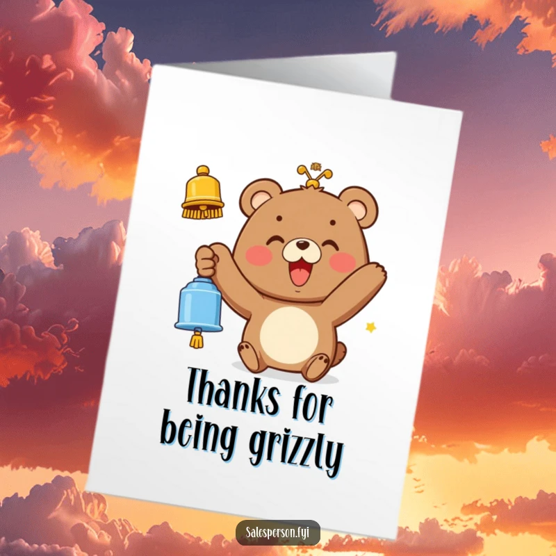 Funny free printable thank you card: A happy bear rings a bell with a wide smile, conveying thanks.