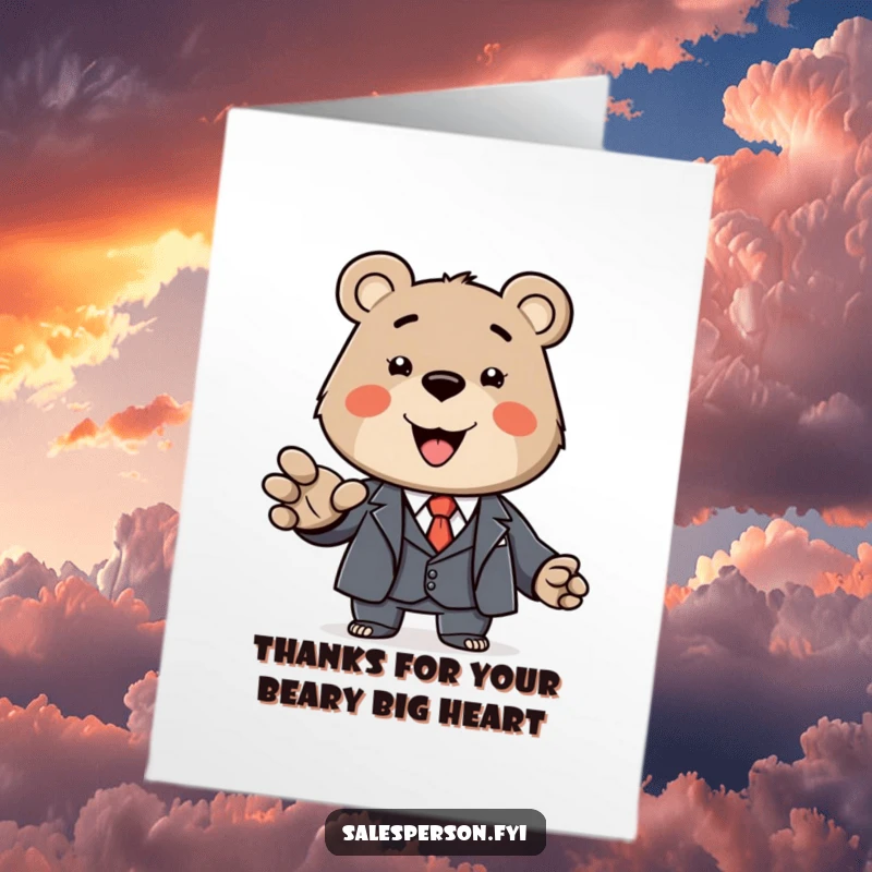 Funny Free Printable Thank You Card: A happy, suited bear extends a hand, offering thanks with a smile.
