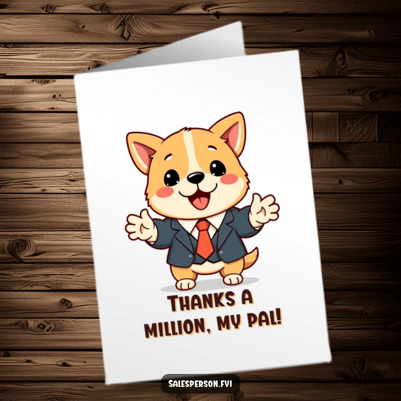 Funny Free Printable Thank You Card: Cute dog in a suit and tie enthusiastically shakes hands to say thank you.