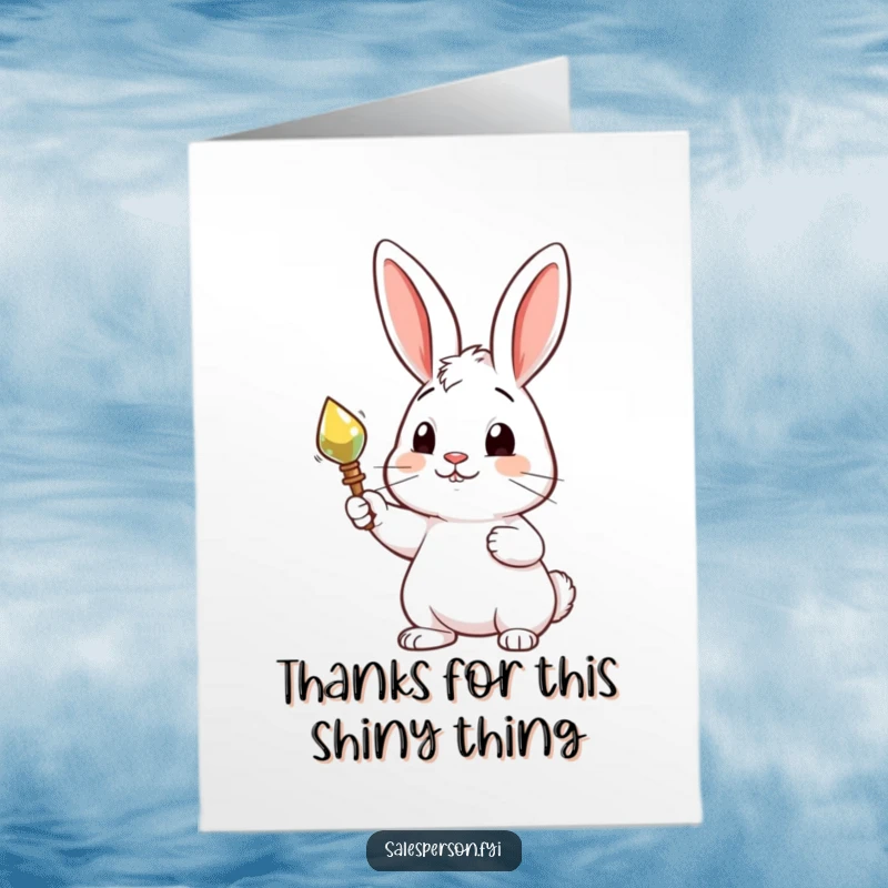 Cute Free Printable Thank You Card: A curious rabbit presents a shiny object, conveying deep thanks.