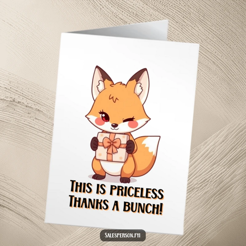Funny Free Printable Thank You Card: Sly fox winking while offering a gift box, a humorous way to say thanks.