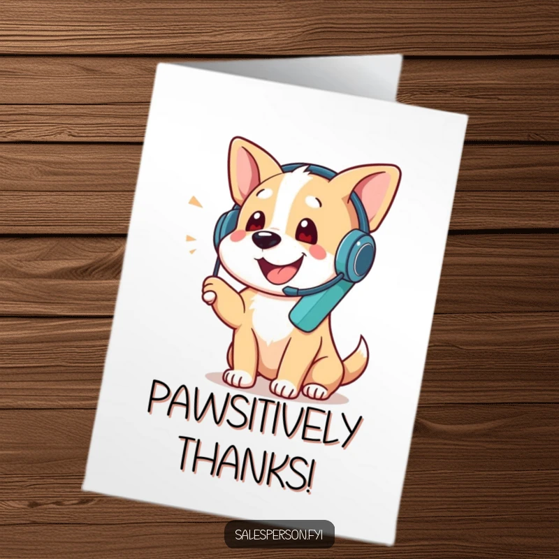 Funny Free Printable Thank You Card: A dog in a headset talks on a phone, humorously expressing thanks, downloadable and print at home.