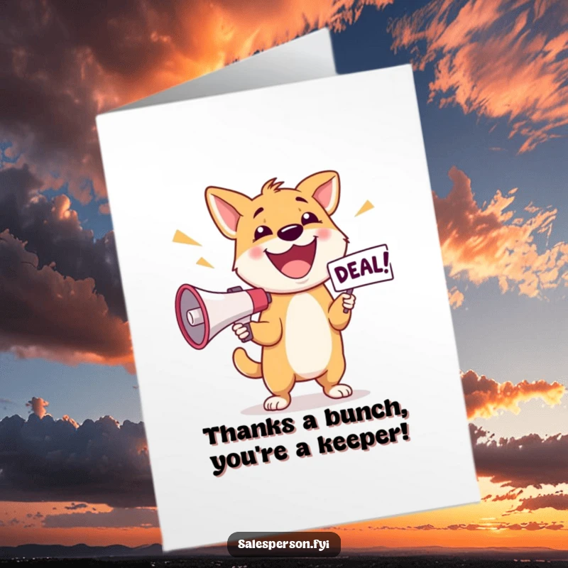Funny Free Printable Thank You Card featuring a happy dog with a megaphone, announcing thanks, a boisterous downloadable.