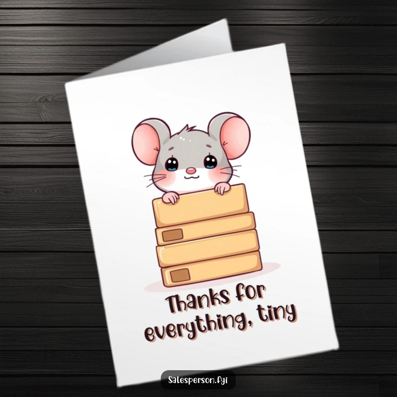 Funny Free Printable Thank You Card: A curious mouse peeking from behind boxes, offering thanks with a playful spirit.
