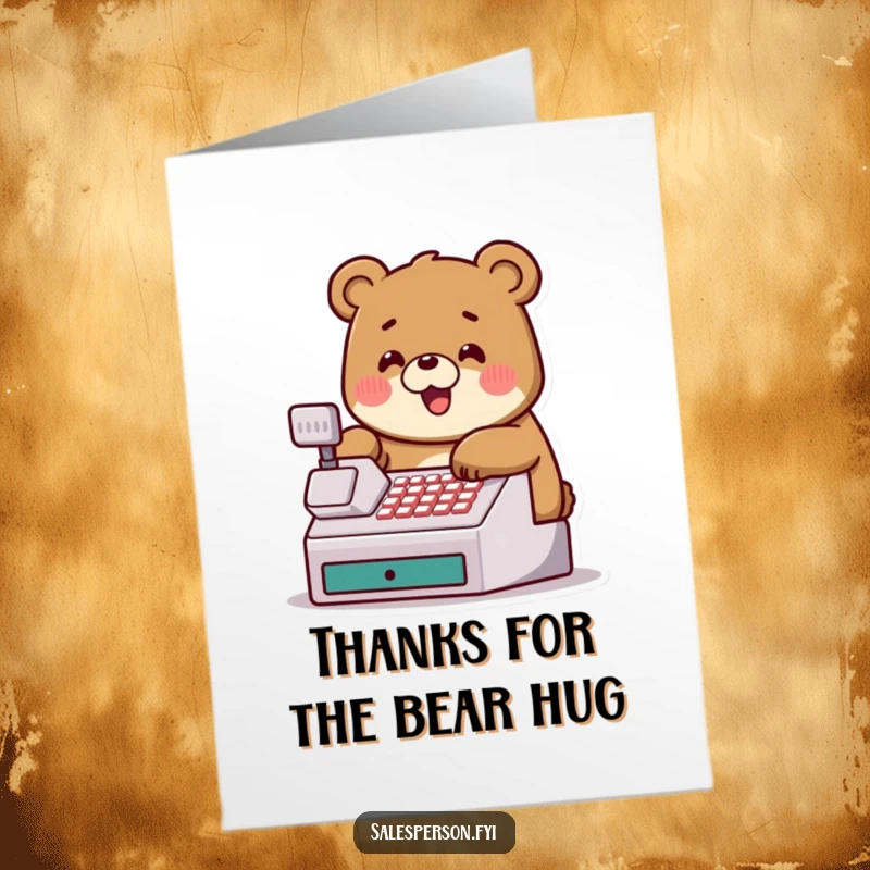 Funny Free Printable Thank You Card: A jovial bear character tapping on a cash register, expressing gratitude with humor.
