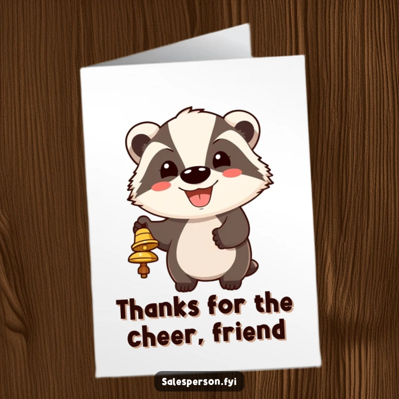 Funny Free Printable Thank You Card with a grinning badger ringing a bell to loudly and cheerfully express gratitude for a favor.