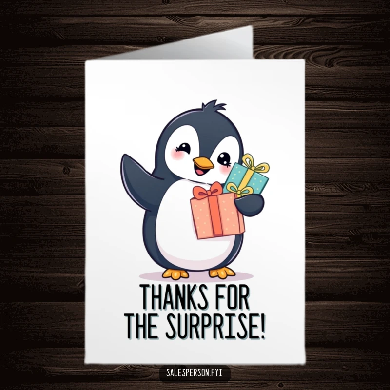 Funny Free Printable Thank You Card: A penguin beams, offering a neatly wrapped gift with a knowing twinkle.