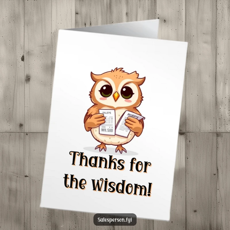 Funny free printable thank you card: A proud owl balances sales receipts, looking wise and thankful.