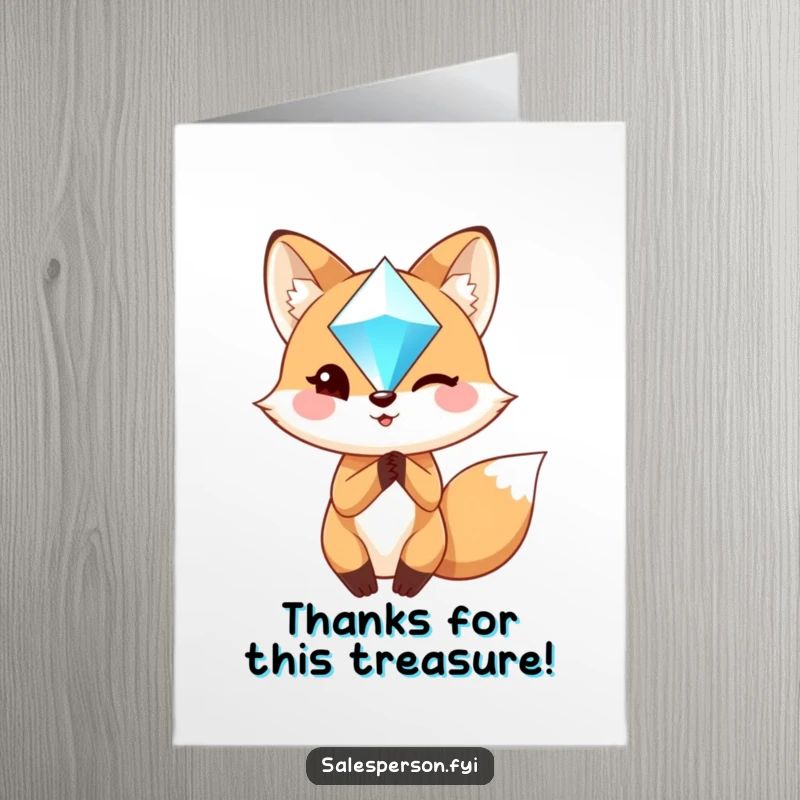 Funny Free Printable Thank You Card: A charming fox holds up a sparkling gem with a confident wink, perfect for thanking someone.