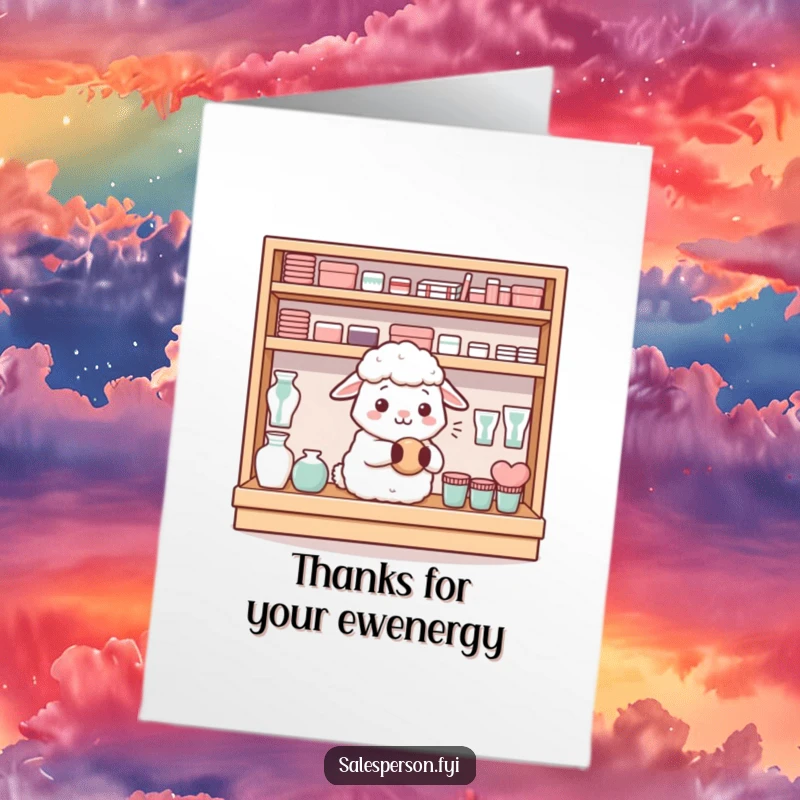 Funny Free Printable Thank You Card: A content sheep hums softly while meticulously arranging items on a display shelf.