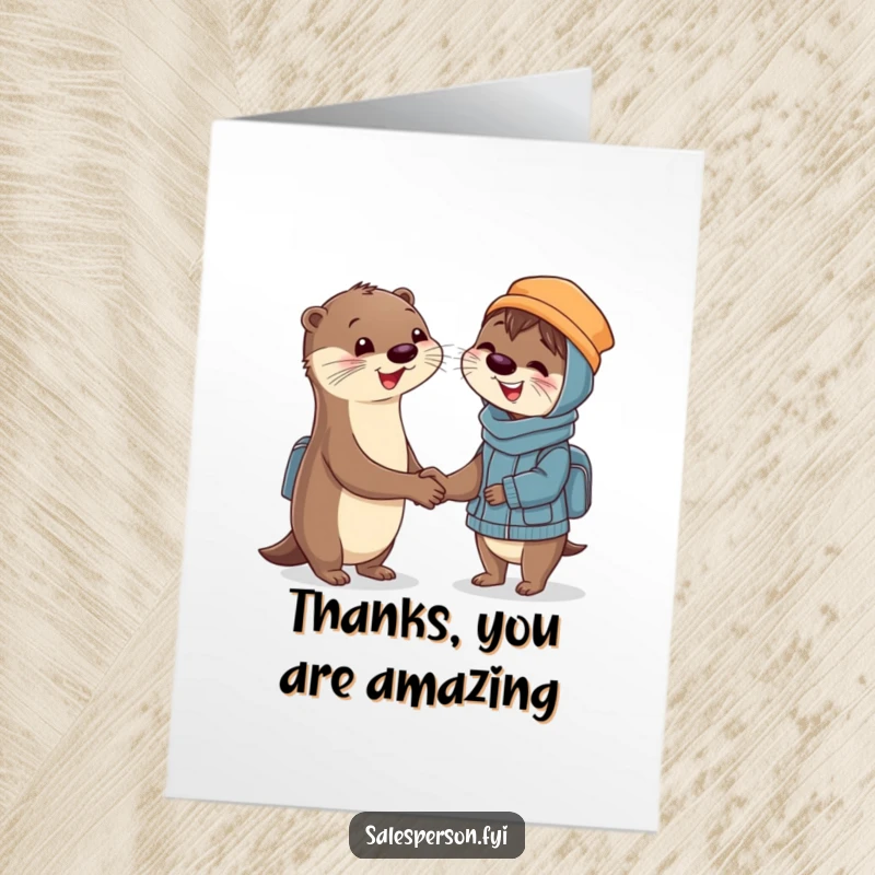 Funny Free Printable Thank You Card: A smiling otter offers a firm handshake to a delighted customer, expressing thanks. Downloadable and memorable.